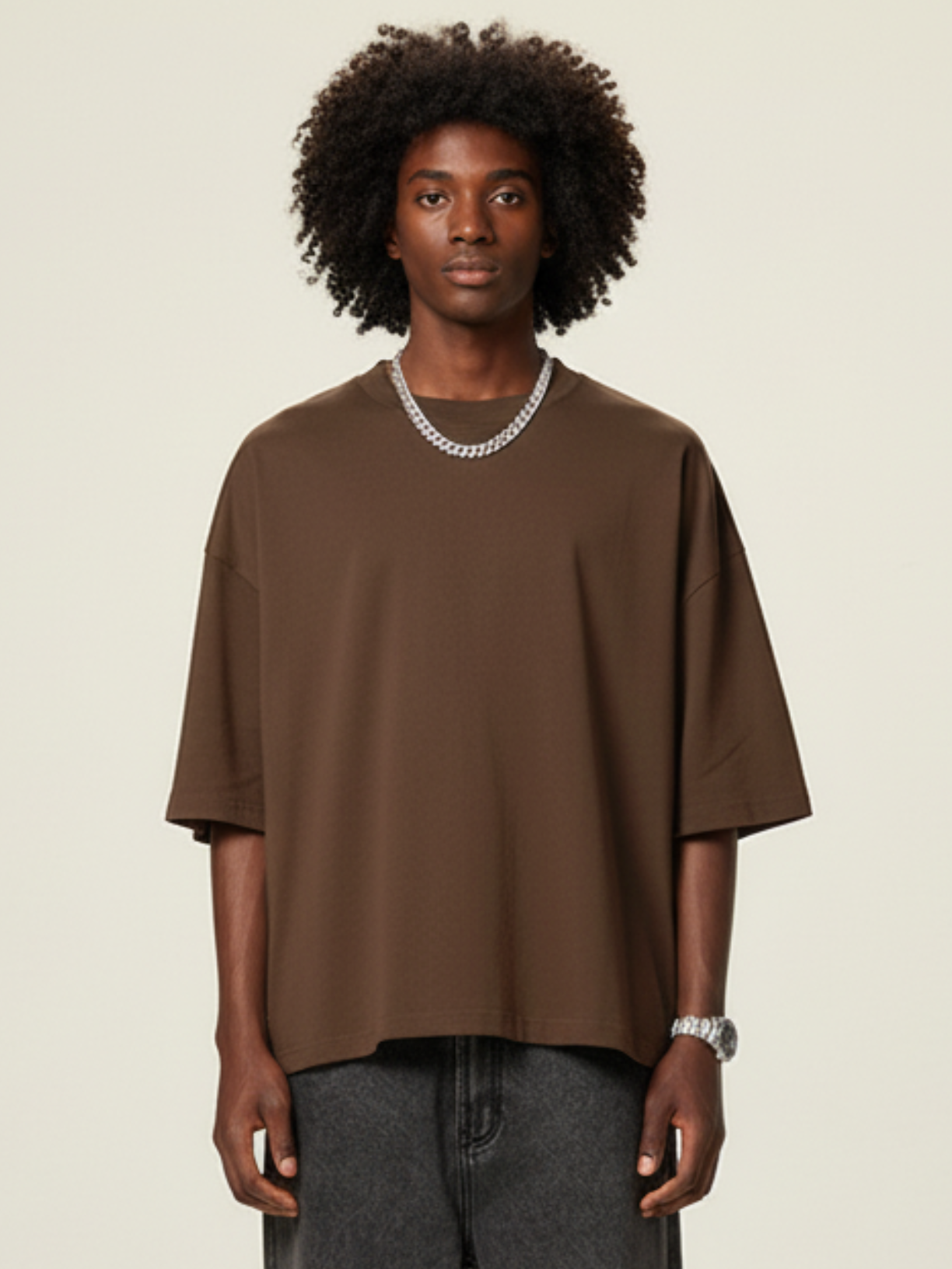 Aero boxy crop tee in brown by Apollo Moda, view 3