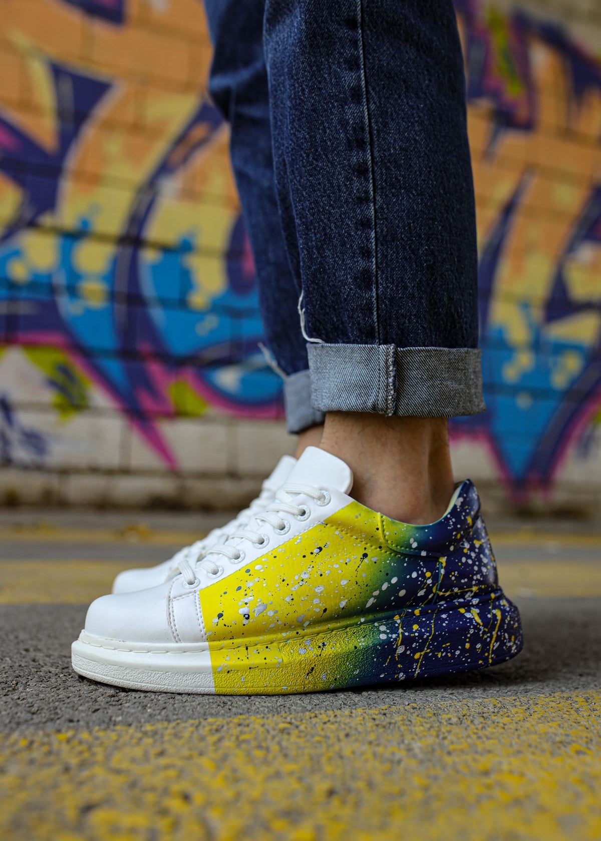 Urban Pulse Motion Flow hand-painted custom sneaker in yellow and blue by Apollo Moda, view 4