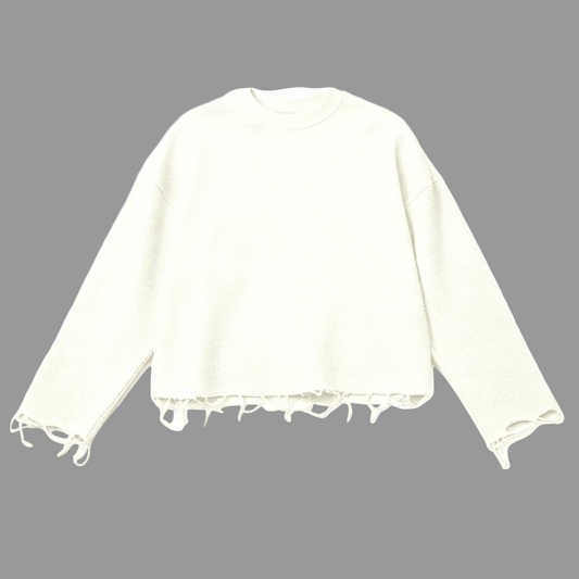 Waffle Knit Distressed Hem Oversized Crewneck Long-Sleeve