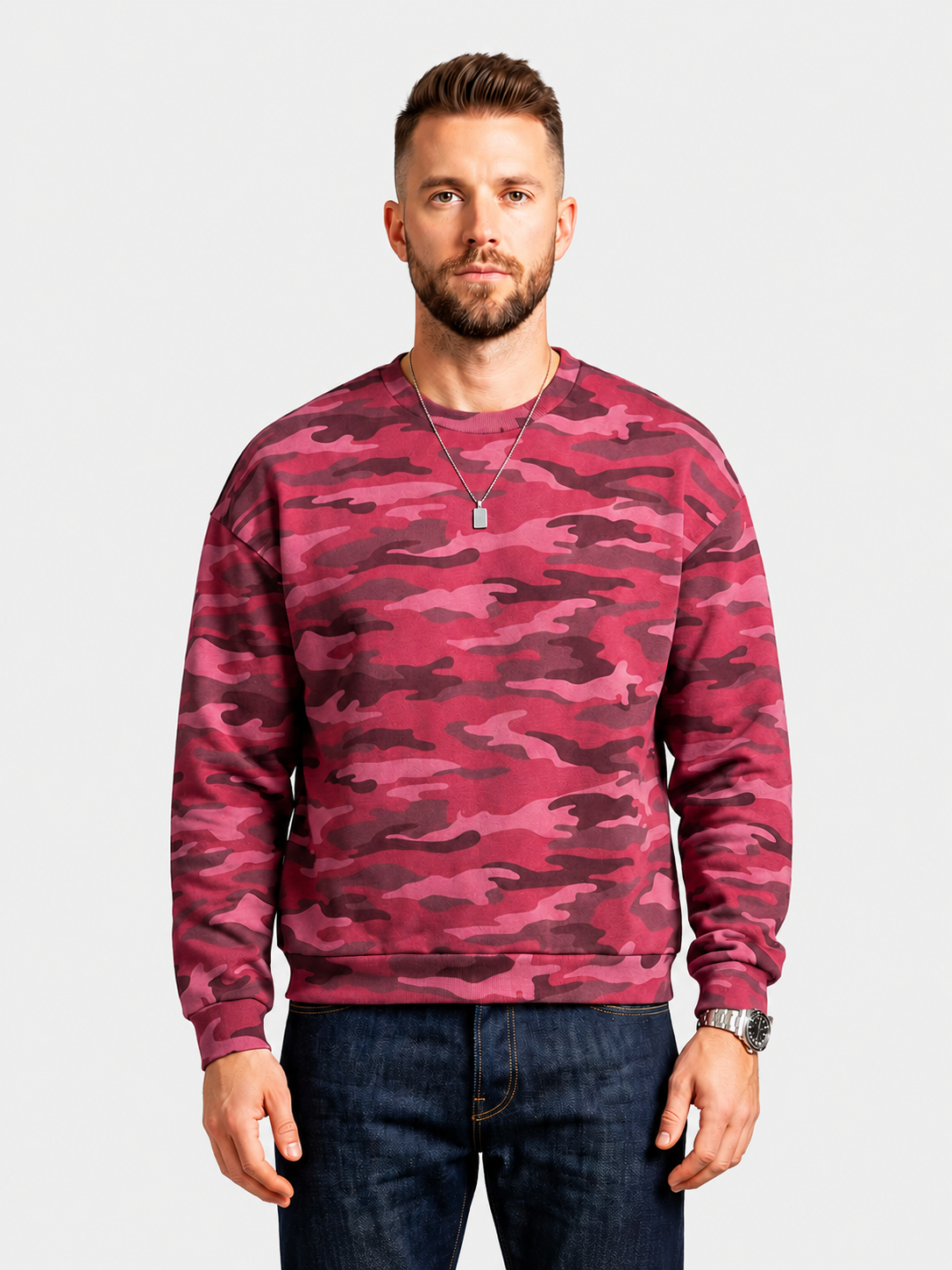Sweat-shirt oversize à col rond et imprimé camouflage rose