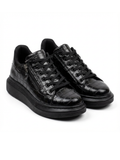 Aether Onyx patent black crocodile-textured sneaker with side zipper by Apollo Moda, third angle