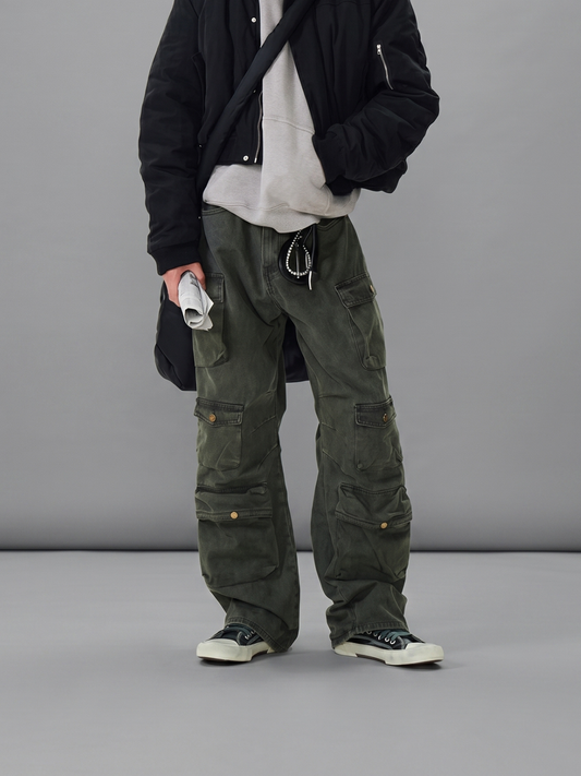 Vintage Washed Multi-Pocket Wide-Leg Cargo Pants