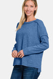 Zenana Full Size Exposed Seam Brushed Round Neck Sweater (Pull à col rond brossé à coutures apparentes)