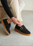 Men's Arden Flux by Apollo Moda, brown suede buckle slip-on with faux fur lining, second angle