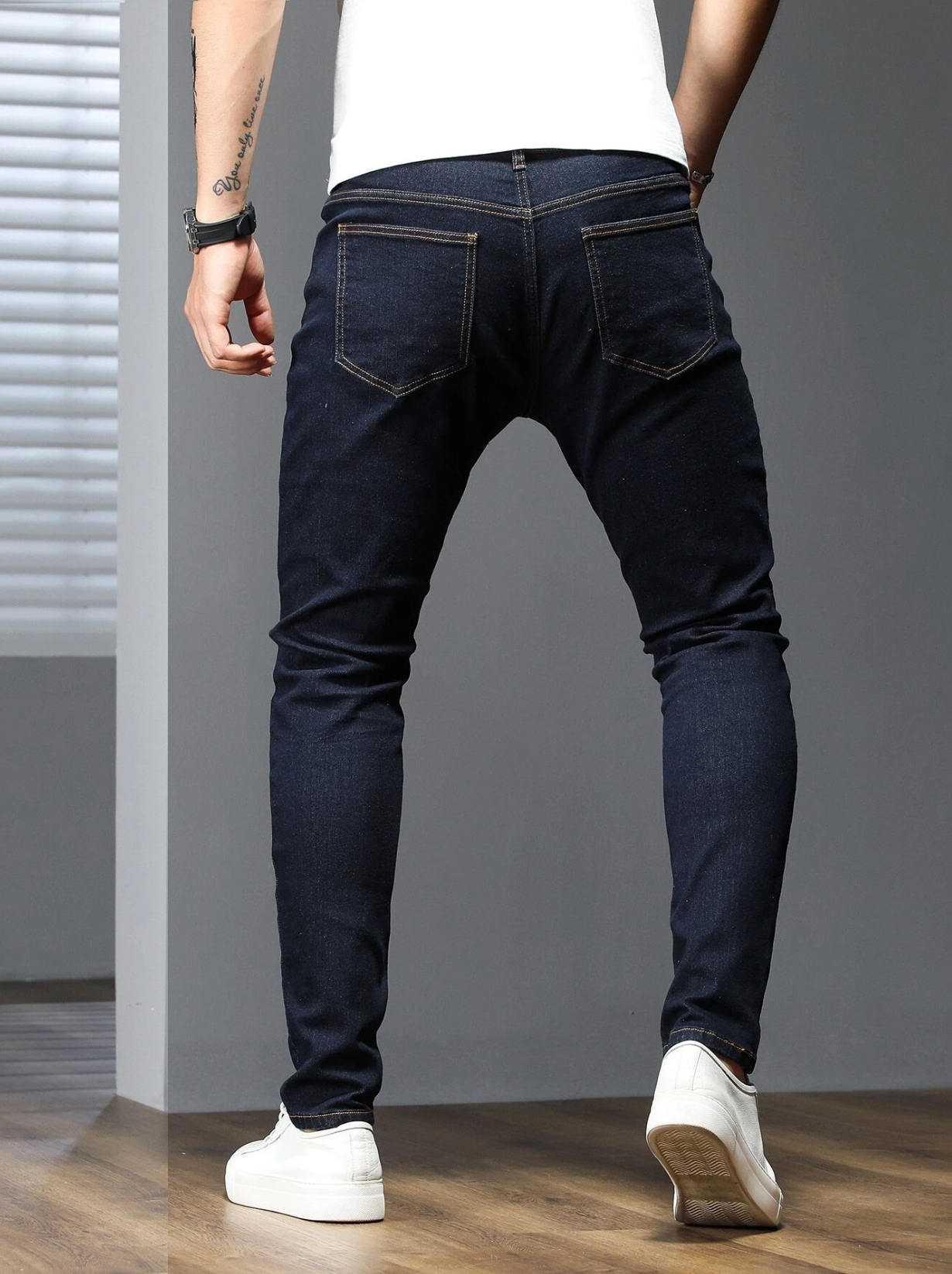 Cotton solid skinny jeans in navy by Apollo Moda, view 2
