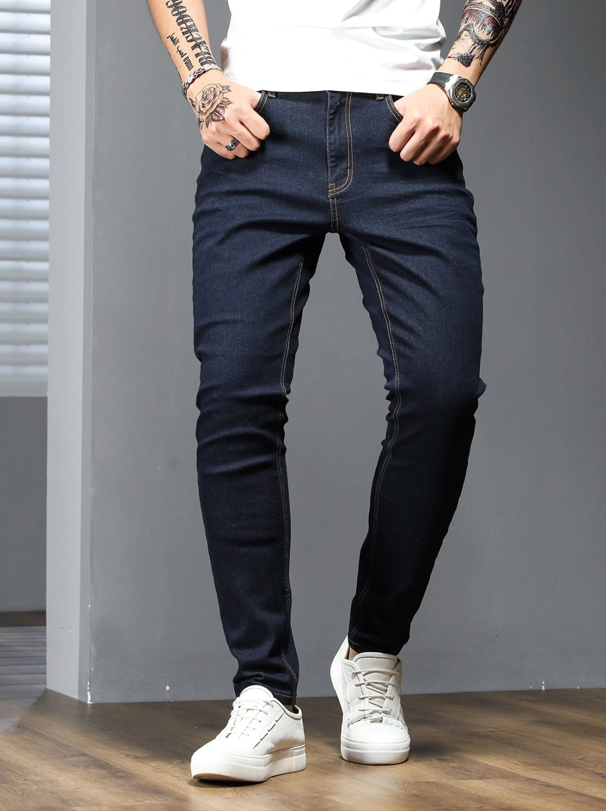 Cotton solid skinny jeans in navy by Apollo Moda, view 3