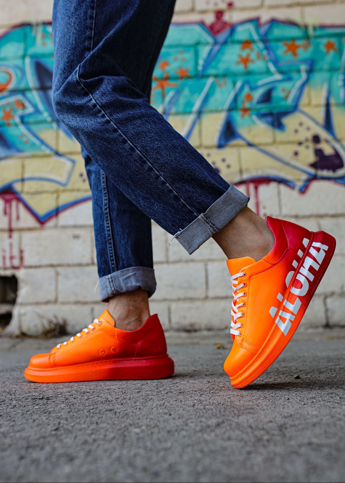 Aloha Sunrise hand-painted custom sneaker in orange by Apollo Moda, view 3