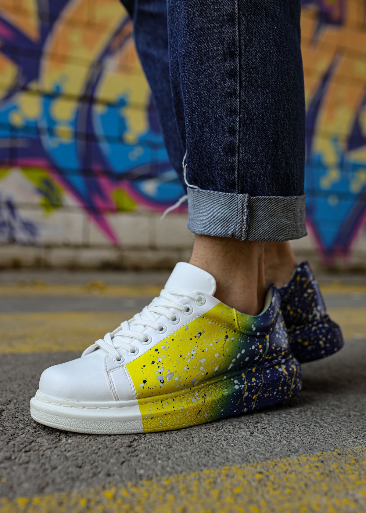 Urban Pulse Motion Flow hand-painted custom sneaker in yellow and blue by Apollo Moda, view 6