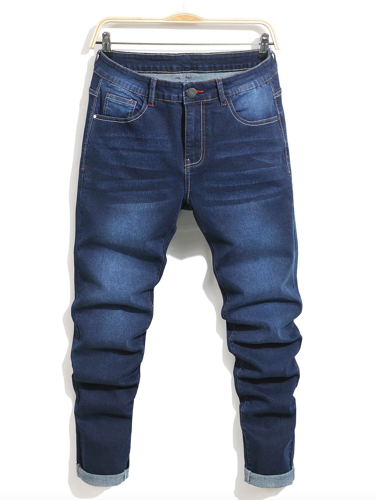 Washed pocket slim fit jeans in blue by Apollo Moda, view 6